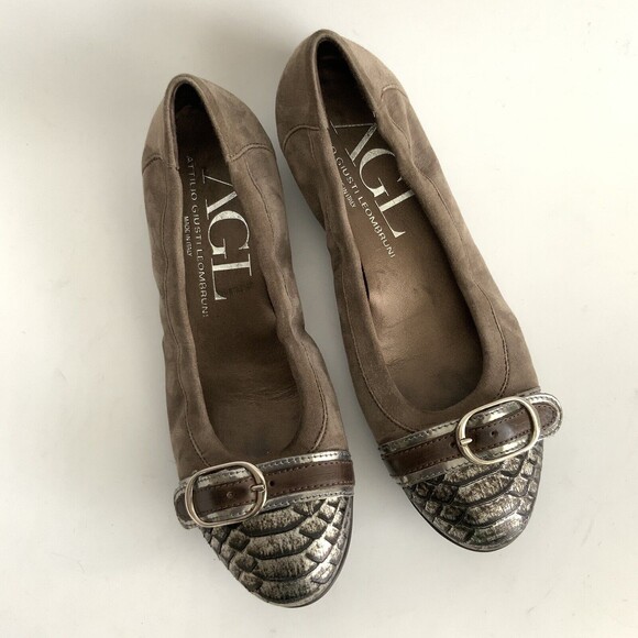 AGL Ballet Flats Size 37 Taupe Pewter Snake Cap-toe Buckle Front Shoe - Picture 10 of 12